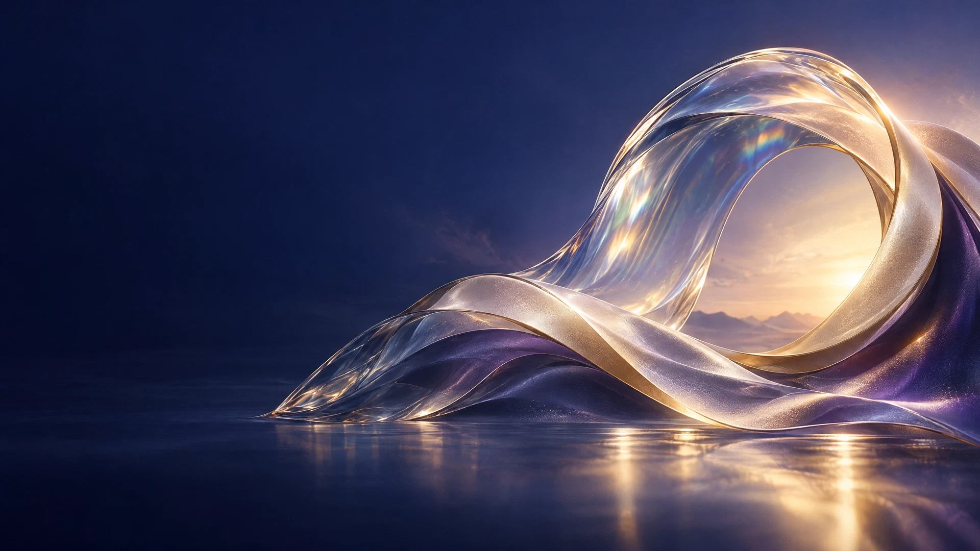 Abstract translucent sculptural form illuminated by prismatic dawn light