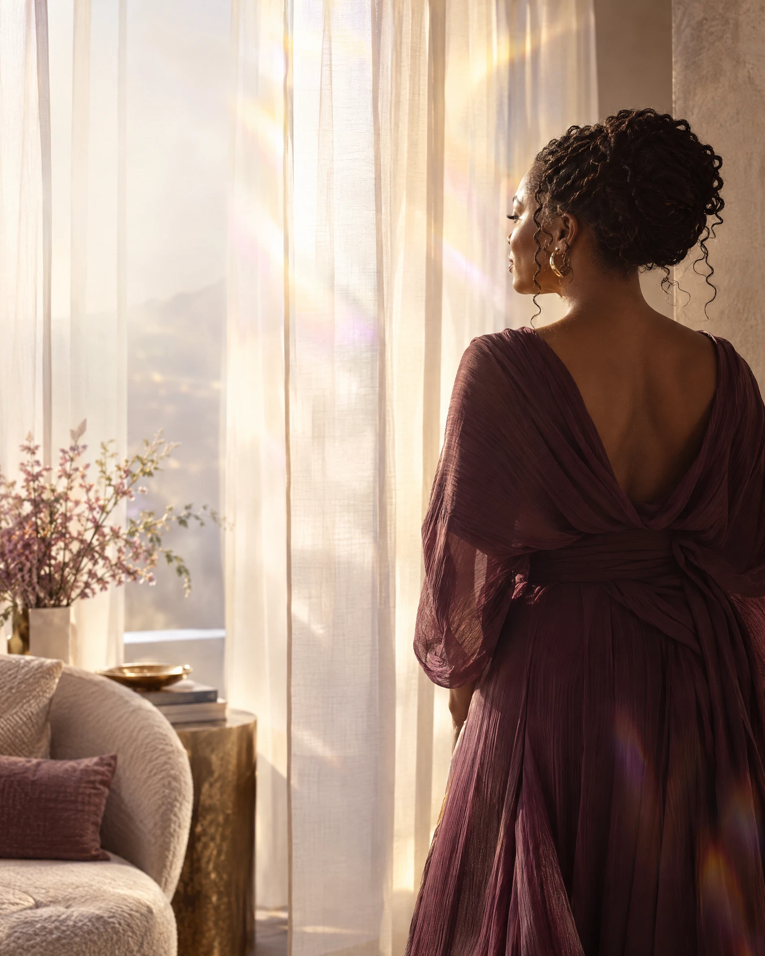 Woman standing in a sunlit room with warm filtered light